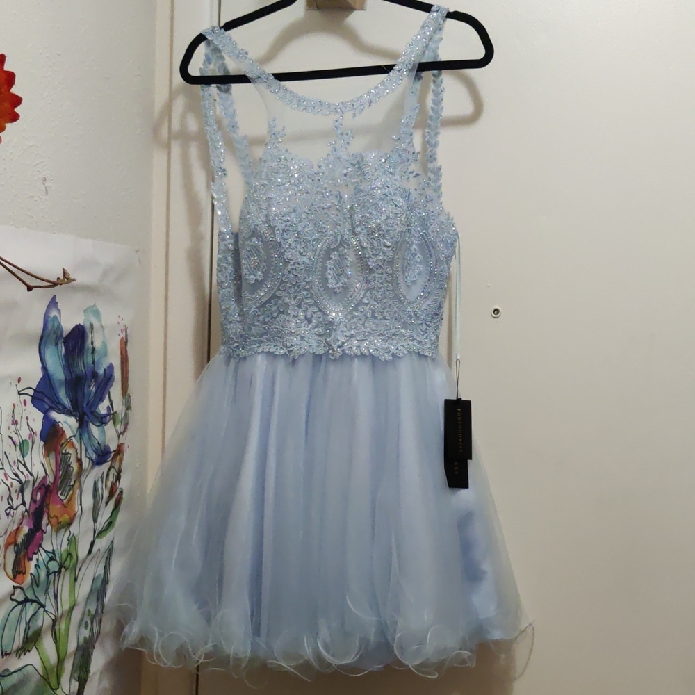 Elegant Ice Blue Lace And Rhinestone Formal Dress
